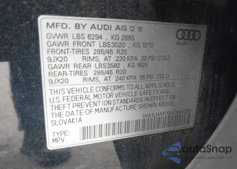 2017 Audi Q7 2.0T Premium from USA, damaged, VIN WA1LHAF72HD040269